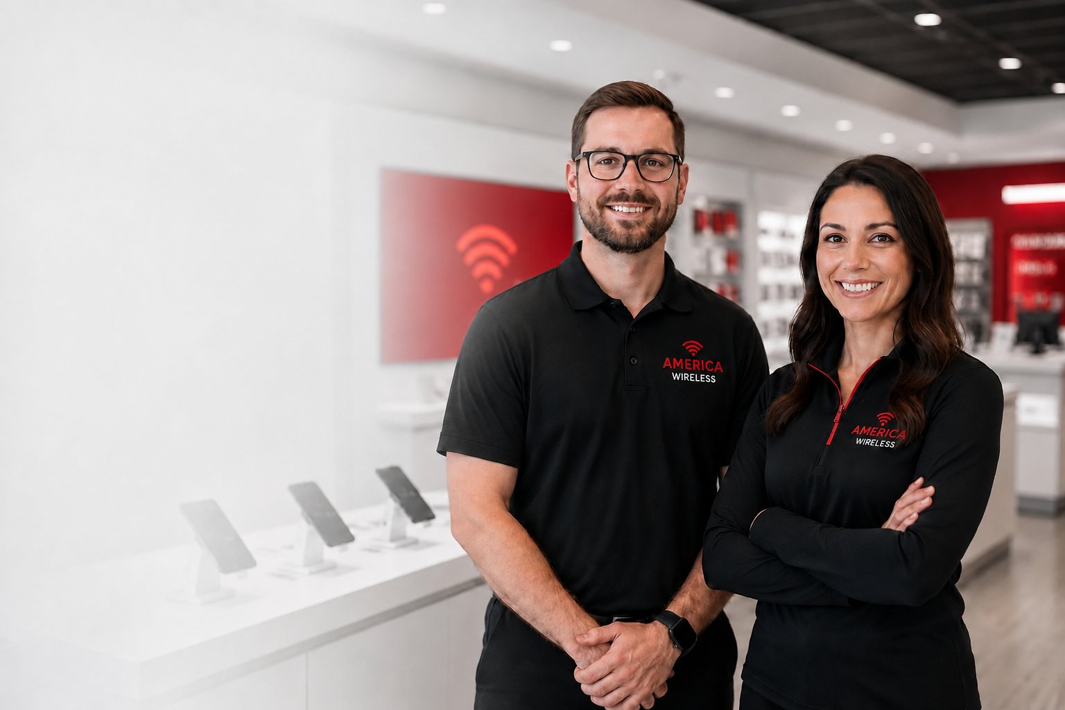 America Wireless team members in branded polos inside a retail store